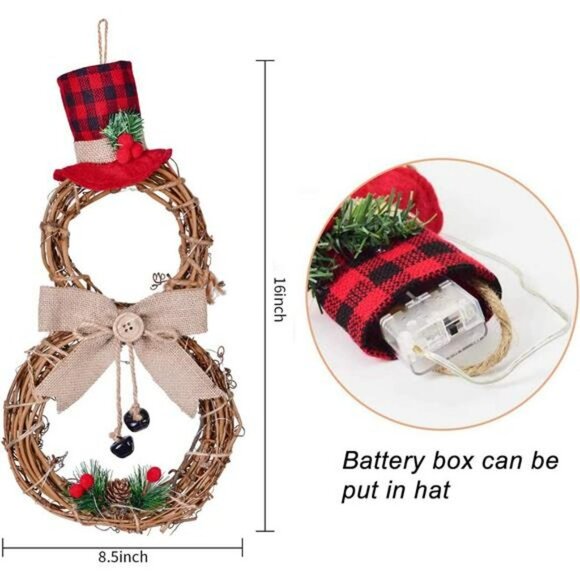 16 x 8 Inch Lighted Christmas Wreath Decoration, Grapevine Wreath with Hat & Bow - Picture 5 of 7